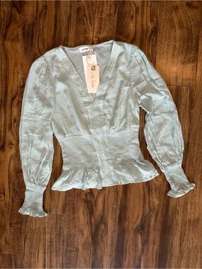 Green Smocked Long Sleeve Peplum V-Neck Blouse